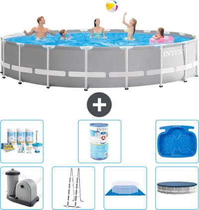 Intex Rond Prism Frame Zwembad - 610 x 132 cm - Grijs - Inclusief Pomp - Ladder - Grondzeil - Afdekzeil Onderhoudspakket - Filter - Voetenbad