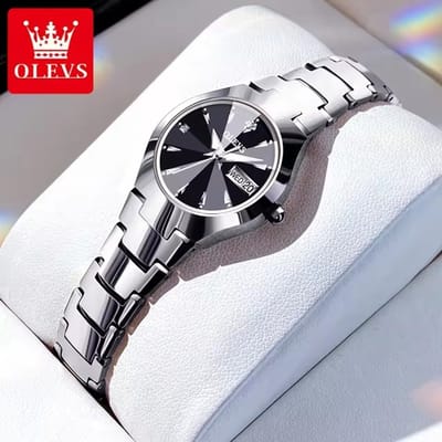 HO-8697L.z-zw : OLEVS modieuse Dames Lover's zilverkl Tungsten-edelstaal quartzhorloge diamantontwerp, zwart wijzerplaat, dagtekst, dagnummer