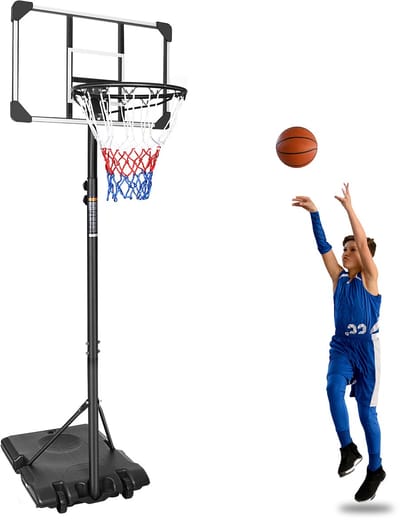 OKWISH Basketbalpaal – Verstelbare Hoogte 170–213 Cm – Met Wielen – PE Rotan En IJzer – Zwart – Binnen En Buiten