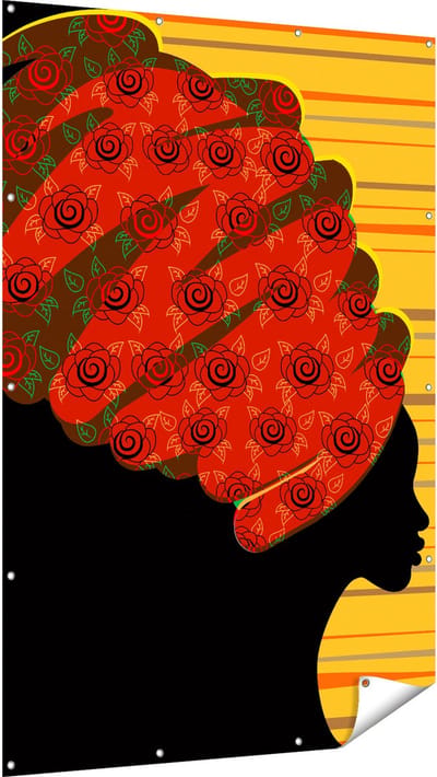 Gards Tuinposter Afrikaanse Vrouw met Bloemen Tulband - Abstract - 120x180 cm - Tuindoek - Tuindecoratie - Wanddecoratie buiten - Tuinschilderij