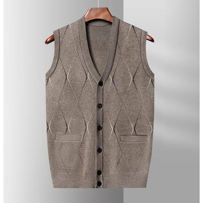 Gilet Pull Homme d'âge moyen et âgé Gilet Grand-père Pull sans manches Col en V Cardigan Laine Vêtements d'automne pour papa L gray