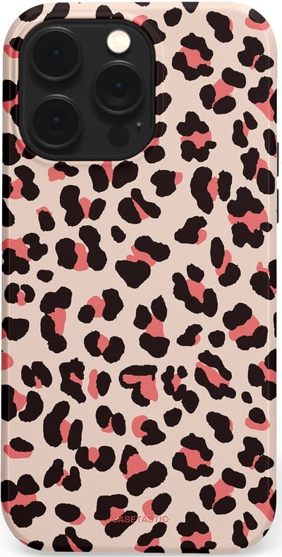 Casetastic hoesje geschikt voor Apple iPhone 14 Pro Max - MagSafe - Dubbellaagse bescherming - Tropische Panter - Fashion Case - Zand Zwart Koraal