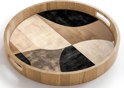 Dienblad rond 40x40 cm - Schootdienblad hout - Abstract - Vlakken - Zwart - Rond - Borrelplank rechthoek - Plateau houten dienbladen