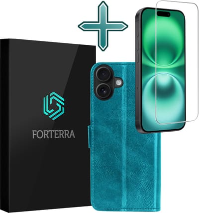 Hoesje Met Screenprotector - Geschikt voor Apple iPhone 16 - Luxe Pasjeshouder - Flipcase - Bookcase Portemonee - Flip Case - Kunstleer Book Case - Book Cover - Walletcase - Portemonneehoes - Turquoise