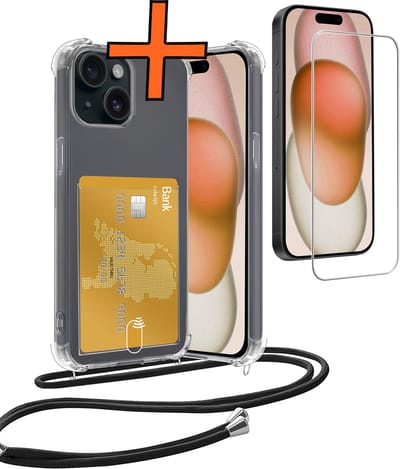 Hoesje Geschikt voor iPhone 15 Hoesje Met Telefoonketting Pasjeshouder Shockproof Case Met Screenprotector Koord - Hoesje Geschikt voor iPhone 15 Hoes Met Kaarthouder - Transparant