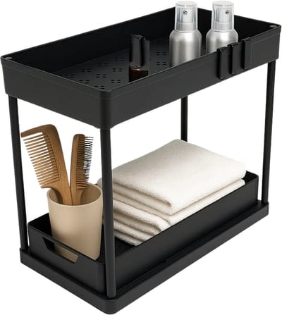 Lomera Keukenkast Organizer - Schuiflade Keukenkast - Uitschuifbare Lade - Keuken Organizer - Gootsteenkast Organizer - Opbergplanken Keuken - Kunststof Materiaal - Zwart Design - Ophangbakjes En Haken - Binnenlade Keuken - Keukenrek - Opbergrek