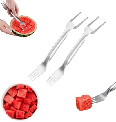 2-in-1 watermeloenvork en snijder - 2 Stuks - Watermeloen Graver - Fruitsnijder - Watermeloen Snijder - Blokjes snijder - fruitvorkjes - Vorkjes - Meloensnijder - RVS - Keuken Accessoires en Gadgets - Zilver