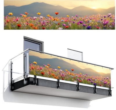 Balkonscherm 300x80 cm - Balkonposter Bloemenveld - Bergen - Zonlicht - Bloemen - Balkon scherm decoratie - Balkonschermen - Balkondoek zonnescherm