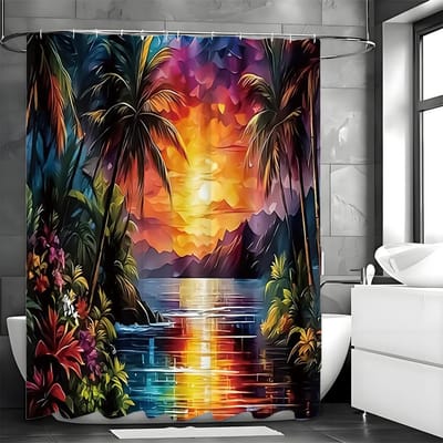 Tropische Regenwouden En De Zonsondergang Douchegordijn Wasbaar Vuilafstotend Douchekop Waterdicht Polyester Badkamer Gordijn W90H165(CM)-1 Pcs gray