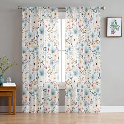 Aquarel Plant Bloem Textuur Slaapkamer Transparante Sheer Gordijnen Vakantie Decoratie Raam Voile Tule Gordijn 135W x 114H(cm)
