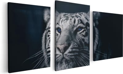 Artaza Canvas Schilderij Drieluik Tijgerkop Met Blauwe Ogen - Zwart Wit - 120x60 - Foto Op Canvas - Canvas Print
