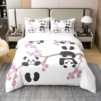 Kleurrijke Panda Beddengoedset Dekbedovertrek en Kussensloop 75*50, Zacht Hometextiel Polyester 3D Digitaal Print Beddengoedset met rits 135x200cm