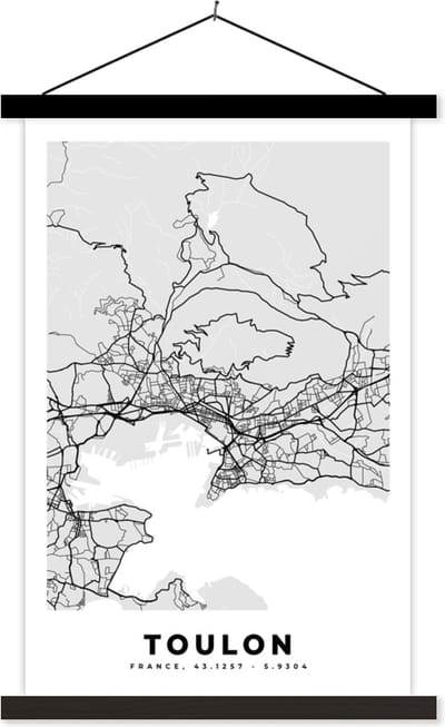 Posterhanger incl. Poster 40x60 cm - Schoolplaat - Frankrijk - Plattegrond - Kaart - Toulon - Stadskaart - Textielposter - Zwarte latten - Stadskaart