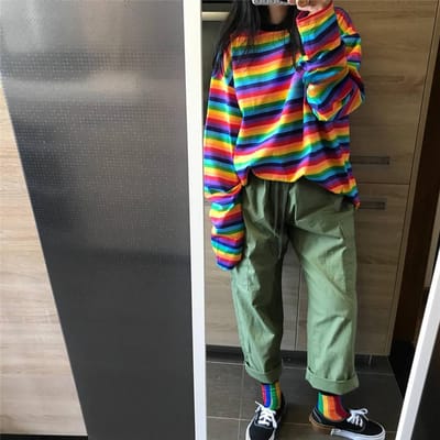 Nieuwe Regenbooggestreepte Vrouwentop voor Vroege Herfst T-shirt met Lange Mouwen Vrouwentop Koreaanse Versie Harajuku Hong Kong Stijl M blue
