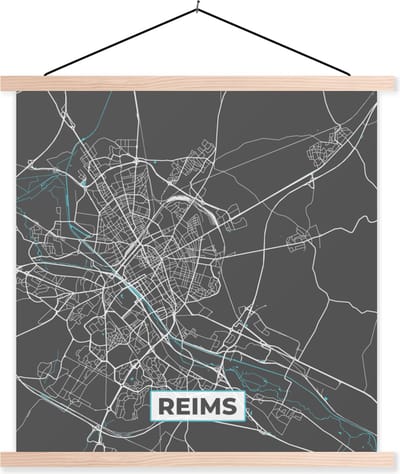 Posterhanger incl. Poster 40x40 cm - Schoolplaat - Reims - Plattegrond - Kaart - Stadskaart - Frankrijk - Textielposter - Blanke latten - Stadskaart