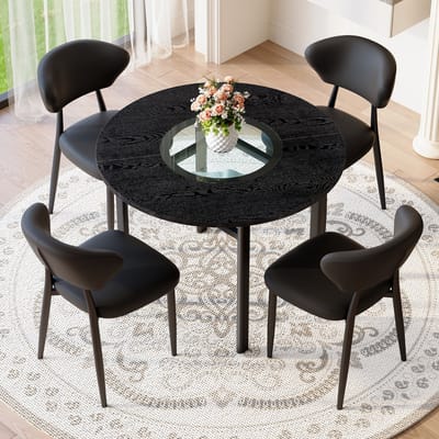 MODENUIT Eettafelset 100 cm - Ronde Tafel Met Glas Inleg En 4 Stoelen - Voor Eetkamer - MDF, Metaal, PU - Zwart
