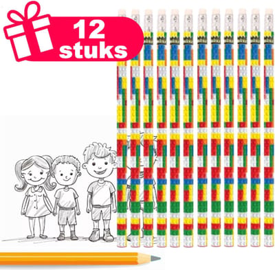 Henbrandt - 12 Stuks Bouwstenen Potloden met Gum - Uitdeelcadeautjes voor Verjaardag Traktaties - Potood Grabbelton Cadeautjes - Kinderfeestjes - Potloden Kindertraktaties en Weggeefcadeautjes