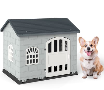 COSTWAY Hondenhok voor buiten, weerbestendig hondenhuis met zadeldak, afsluitbare deur en 3 ramen, huisdierhuis voor kleine en middelgrote honden en katten, hondenkooi voor binnen, 75 x 58 x 65 cm