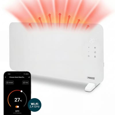 Princess 348416 Smart Elektrische Kachel – Glazen Paneelverwarming – Incl App & WiFi – 1500W – Wit - Stil & Veilig – Wandmontage of Vrijstaand