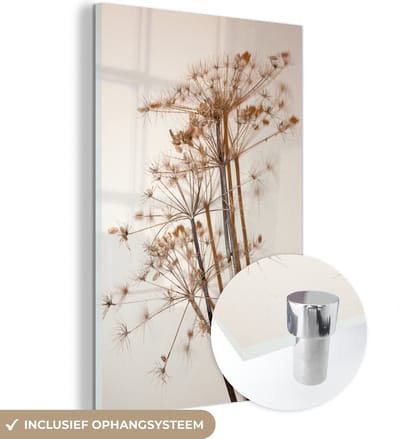 Glasschilderij bloemen - Droogbloemen - Planten - Stilleven - Bruin - Glas decoratie - Glasplaat - Wanddecoratie glas - 120x180 cm - Woonkamer decoratie - Foto op glas - Schilderij glas - Glasschilderijen
