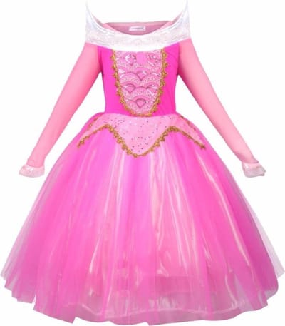 Prinses - Lange mouwen - Prinsessenjurk - Verkleedkleding - Roze - Maat 122/128 (130) 6/7 jaar