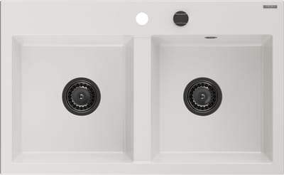 Mexen Hektor granieten gootsteen met 2 kamers 800 x 480 , wit, zwarte sifon - 6521802000-20-B
