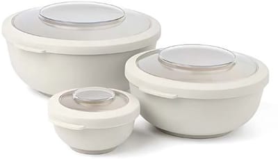 Amuse Tylla Oat Vershouddoos Set - 2000ml + 1000ml + 200ml - Lunchbox – Lunchtrommel – Bowl met deksel - Perfect afsluitbare vershouddoos - Saladebox voor onderweg - BPA-vrij – Beige