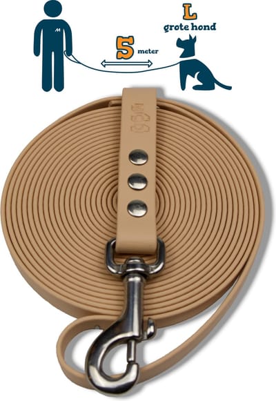 Miqdi lange lijn – BioThane ® - creme - 5 meter lang - 19 mm breed - L/XL - grote hond - lange hondenriem
