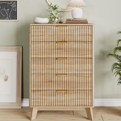 Commode met 5 lades, moderne houten ladekast voor slaapkamer, woonkamer en hal, 73x40x108cm (Natuurlijke houtkleur, 5 lades)