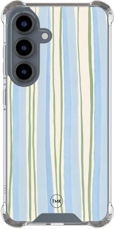 Shockproof hoesje geschikt voor Samsung Galaxy S25 - Pastelblauwe strepen - Schokbestendig - Verhoogde randen - TPU case - Extra Sterke Back Cover - Gestreept - Transparant, Blauw
