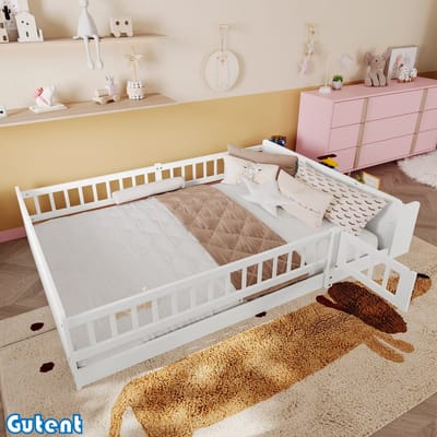 Gutent Houten kinderbed-140 x 200 cm-Pine-Open opbergkast-Hoogteplanken-Geen matras-Wit
