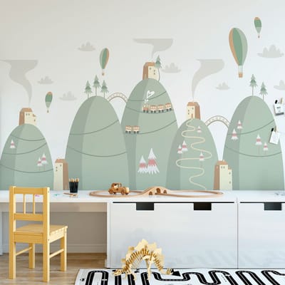 Scandinavische bergstickers met heteluchtballonnen in de stad, 110 x 165 cm