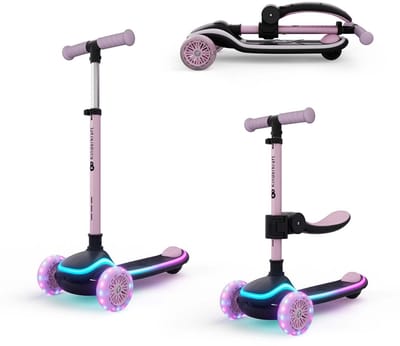 Kinderkraft RAKET UP 2-in-1 Loopfiets en Driewieler Step - 3-Wiel kinderstep - vanaf 2 jaar tot 50 kg - Wielen met RGB LED's - Opvouwbaar in 2 seconden - Verstelbaar stuur - Roze