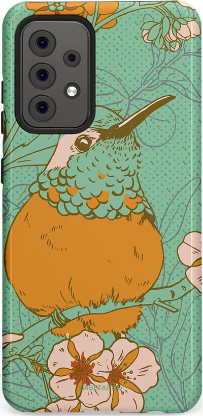 Casetastic hoesje geschikt voor Samsung Galaxy A52 (2021) 5G / Samsung Galaxy A52 (2021) 4G - Dubbellaagse bescherming - Bloesem Kolibrie - Fashion Case - Mintgroen Okergeel Zand