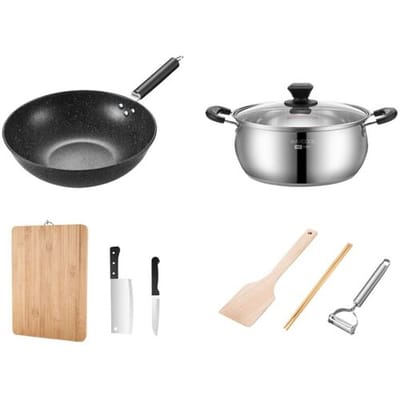 Maxcook 8-delige pannen- en kookgereiset - koekenpan soeppan snijplank snijmes eetstokjes houten spatel schilmes mes