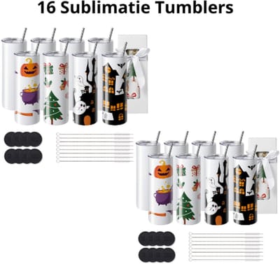 LabelOne Sublimatie Producten - Tumbler - 16 stuks - 20oz - met deksel en rietje - rvs - dubbelwandig - geschikt voor hittepers