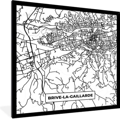Fotolijst incl. Poster Zwart Wit- Stadskaart - Plattegrond - Brive-la-Gaillarde - Kaart - Frankrijk - Zwart wit - 40x40 cm - Posterlijst