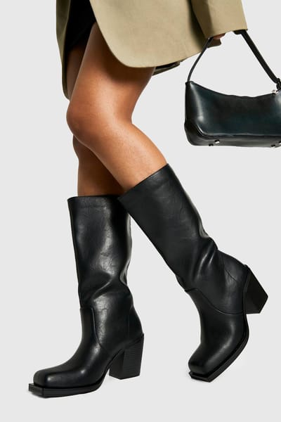 boohoo Dames Versleten kniehoge laarzen met blokhakken | Zwart | Maat: 39