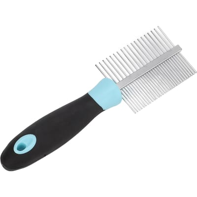 Peigne pour animaux de compagnie double face Dents rondes larges denses Acier inoxydable Peigne de toilettage pour chats pour chiens Chats Bleu white