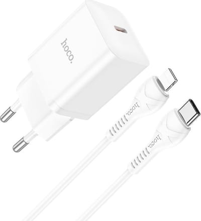 Hoco 20W Power Delivery USB-C Snellader - Geschikt voor iPhone 14, 13, 12, 11 - Lightning Kabel 1M - Wit