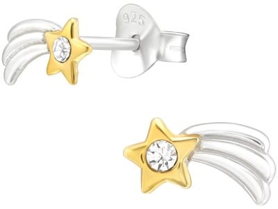 Joy|S - Zilveren vallende ster oorbellen - 4 x 8 mm - zilver met goudkleur - ster - kristal - kinderoorbellen