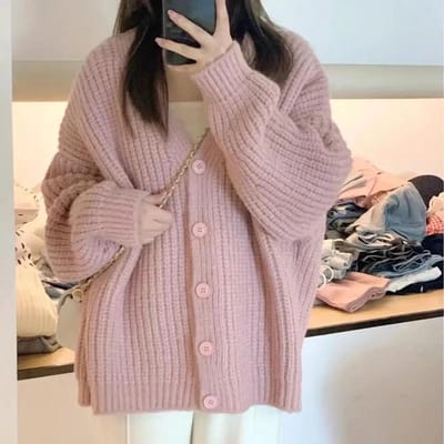 Zoet Roze Gebreid Vest Dames Lange Mouw V-Hals Cardigans Vrouw Wild Knoopsluiting Trui Jas Vrouwelijk L