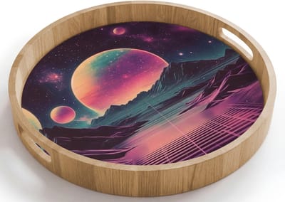 Dienblad rond 40x40 cm - Schootdienblad hout - Landschap - Planeten - Horizon - Paars - Borrelplank rechthoek - Plateau houten dienbladen