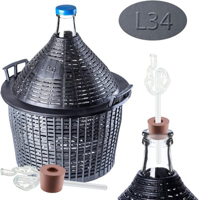 KADAX Glazen ballonset, 34 liter, fermentatieballon met kunststof mand en fermentatie-accessoires, rubberen stop, fermentatiebuisje, smalle opening, wijnballon, fles, glazen fles (glazen