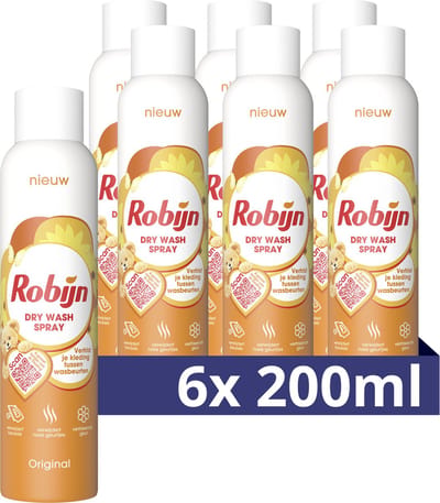 Robijn -Dry Wash Spray - Textiel Verfrisser - 6 flessen x 200 ml - Voordeelverpakking