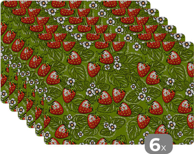 Placemat - Placemats kunststof - Bloemen - Aardbei - Bladeren - Vegan - Patronen - 45x30 cm - 6 stuks - Hittebestendig - Anti-Slip - Onderlegger - Afneembaar