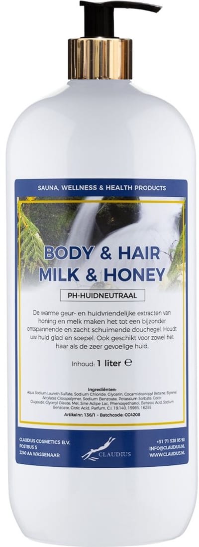 Body & Hair Milk & Honey 1 liter met gouden pomp - 2 in 1 voor lichaam en haar