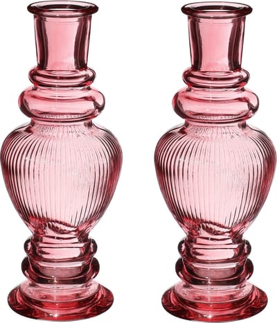 Ideas 4 Seasons Bloemenvaas Venice - 2x - voor kleine stelen/boeketten - gekleurd sierglas - ribbel roze - D5.7 x H15 cm