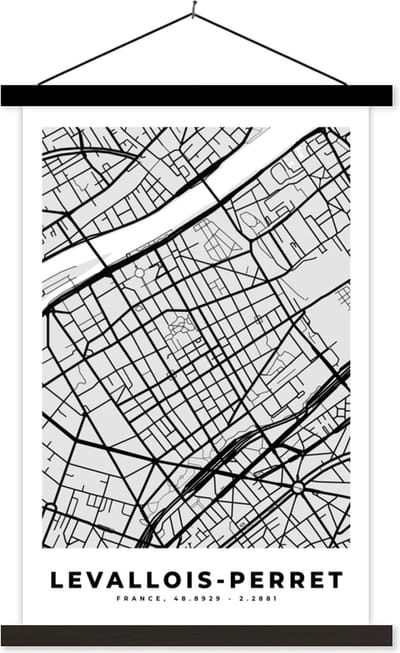 Posterhanger incl. Poster 40x60 cm - Schoolplaat - Stadskaart - Frankrijk - Kaart - Levallois-Perret - Plattegrond - Textielposter - Zwarte latten - Stadskaart