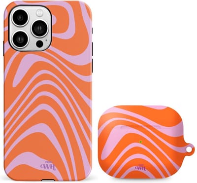 xoxo Wildhearts telefoonhoesje geschikt voor iPhone 14 Pro Max met AirPods Pro (2) hoesje - set - Boogie Wonderland Orange - Double Layer - Telefoonhoesje met dubbele beschermlaag - Hoesje met golvend patroon - Golven - Oranje met Paars